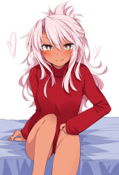 1girl alternate_costume bare_legs blush breasts chata_maru_(irori_sabou) chloe_von_einzbern commentary_request dark-skinned_female dark_skin fate/kaleid_liner_prisma_illya fate_(series) feet_out_of_frame heart highres leotard long_hair looking_at_viewer pink_hair sitting small_breasts smile solo