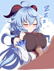 Rule 34 | 1boy, 1girl, ahoge, bad id, bad pixiv id, blue hair, blush, breasts, censored, closed eyes, closed mouth, commentary request, covered erect nipples, dark-skinned male, dark skin, detached sleeves, ganyu (genshin impact), genshin impact, hair between eyes, hetero, highres, horns, large breasts, long hair, mosaic censoring, paizuri, paizuri under clothes, penis, sleep molestation, sleeping, smile, solo focus, vantrush, zzz
