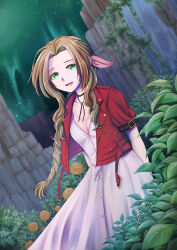 1girl aerith_gainsborough amana-yaoyono arms_behind_back braid brown_hair commentary cropped_jacket dress final_fantasy final_fantasy_vii final_fantasy_vii_remake green_eyes hair_ribbon jacket long_hair looking_at_viewer pink_ribbon red_jacket ribbon short_sleeves smile solo white_dress