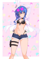 Rule 34 | 1girl, arms up, ayamal (mainichi ryokucha), bikini, bikini under shorts, black bikini, black choker, blue eyes, blue hair, blue nails, blue shorts, border, breasts, choker, closed mouth, eyewear on head, highres, holding own arm, hololive, holster, hoshimachi suisei, looking at viewer, navel, open clothes, open fly, open shirt, pink background, purple-tinted eyewear, shirt, short shorts, shorts, side ponytail, small breasts, smile, solo, star (symbol), star in eye, stomach, sunglasses, swimsuit, symbol in eye, thigh holster, tinted eyewear, virtual youtuber, white border, white shirt