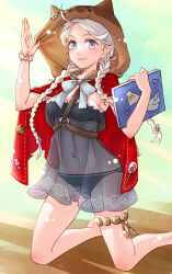 1girl ahoge alternate_costume bikini blue_bikini blue_eyes book bracelet braid closed_mouth covered_navel ebi_puri_(ebi-ebi) fire_emblem fire_emblem_fates fire_emblem_heroes holding holding_book jewelry long_hair looking_at_viewer low_twin_braids low_twintails nina_(fire_emblem) nintendo parted_bangs solo swimsuit thighlet twin_braids twintails white_hair