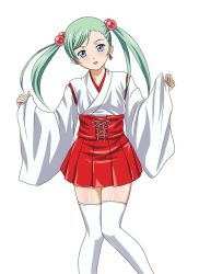 Rule 34 | 00s, 1girl, aqua hair, blue eyes, earrings, female focus, green hair, hair ornament, ikkitousen, japanese clothes, jewelry, long hair, looking at viewer, magatama, magatama earrings, miko, open mouth, pleated skirt, red skirt, shokatsuryou koumei, simple background, skirt, solo, thighhighs, twintails, white background, white thighhighs