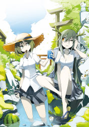 Rule 34 | 2girls, antlers, bare legs, breasts, brown hair, can, cleavage, cloud, flip-flops, food, fruit, green eyes, green hair, green theme, hat, highres, horns, long hair, medium breasts, monster, mouth hold, multiple girls, one eye closed, orange eyes, original, popsicle, sandals, shirt, short hair, skirt, sky, straw hat, tansuke, torii, wading, water, watermelon, wet, wet clothes, wet shirt