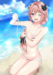 Rule 34 | 1boy, :d, absurdres, arms up, astolfo (fate), bare arms, bare shoulders, bikini, black bow, blue sky, blush, bow, braid, cloud, cloudy sky, collarbone, commentary request, day, degu guke, fang, fate/apocrypha, fate (series), flat chest, groin, hair between eyes, hair bow, hair intakes, heart, heart-shaped pupils, highres, light rays, long hair, looking at viewer, male focus, multicolored hair, navel, ocean, one eye closed, open mouth, outdoors, pink hair, purple eyes, seiza, side-tie bikini bottom, single braid, sitting, sky, smile, solo, streaked hair, striped bikini, striped clothes, sunbeam, sunlight, swimsuit, symbol-shaped pupils, trap, wardrobe malfunction, white bikini, white hair