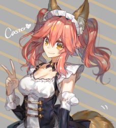 Rule 34 | 10s, 1girl, animal ears, bad id, bad pixiv id, breasts, character name, chocoan, detached sleeves, fate/extella, fate/extra, fate (series), fox ears, fox girl, fox tail, light smile, long hair, looking at viewer, maid, maid headdress, official alternate costume, pink hair, solo, tail, tamamo (fate), tamamo no mae (fate/extra), tamamo no mae (tailmaid strike) (fate), twintails, upper body, v, yellow eyes