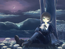 Rule 34 | 00s, against tree, bow, bug, butterfly, butterfly on hand, cloud, crescent moon, flower, insect, moon, night, night sky, pantyhose, ranranloo, ribbon, rozen maiden, shoes, short hair, sitting, sky, solo, souseiseki, tree