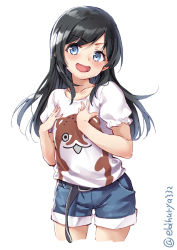Rule 34 | 1girl, alternate costume, asashio (kancolle), belt, black belt, black hair, blue eyes, blue shorts, bokukawauso, buckle, casual, collarbone, commentary request, denim, denim shorts, ebifurya, hands on own chest, highres, kantai collection, long hair, looking at viewer, mascot, open mouth, otter, shirt, shorts, simple background, smile, solo, t-shirt, twitter username, white background