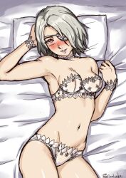 Rule 34 | 1girl, blush, bra, breasts, commentary, covered erect nipples, english commentary, eyepatch, final fantasy, final fantasy viii, finalcake, fuujin (ff8), grey hair, lingerie, lying, medium breasts, medium hair, navel, on back, panties, pillow, red eyes, see-through, see-through bra, smile, solo, underwear, underwear only, white bra, white panties, wrist cuffs