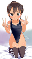 Rule 34 | 1girl, artist name, bare arms, bare shoulders, bed sheet, black one-piece swimsuit, blush, brown thighhighs, closed mouth, collarbone, dated, double v, gluteal fold, hair between eyes, hair ornament, hairclip, high ponytail, highres, kneeling, looking at viewer, one-piece swimsuit, original, ponytail, smile, solo, swimsuit, tan, thighhighs, v, yone kinji