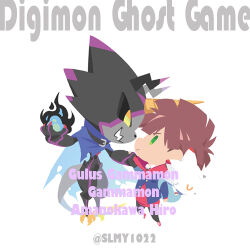 Rule 34 | 3boys, amanokawa hiro, brown hair, digimon, digimon ghost game, dinosaur, gammamon, green eyes, gulusgammamon, looking at another, lowres, multiple boys, multiple persona, short hair, size difference