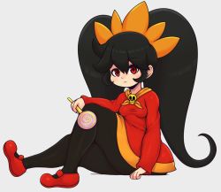 Rule 34 | 1girl, ashley (warioware), big hair, black hair, black pantyhose, breasts, candy, closed mouth, dress, female focus, food, full body, grey background, hair between eyes, hairband, holding, holding candy, holding food, holding lollipop, lollipop, long hair, long sleeves, looking at viewer, mato spectoru, nintendo, orange hairband, orange neckwear, pantyhose, red dress, red eyes, red footwear, sidelocks, simple background, sitting, skull, small breasts, solo, swirl lollipop, thick thighs, thighs, twintails, very long hair, warioware