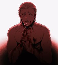 Rule 34 | 1boy, akatsuki (naruto), blood, blood from mouth, blood on face, blood on hands, hair slicked back, hidan (naruto), highres, jewelry, male focus, naruto (series), naruto shippuuden, pendant, simple background, smile, solo, takahasikari1, topless male