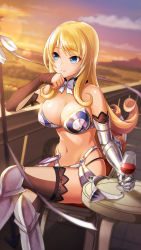 Rule 34 | 1girl, animal ears, armor, armored boots, bare shoulders, bikini armor, black gloves, black panties, black thighhighs, blonde hair, blue eyes, boots, bow, bowtie, breastplate, breasts, cleavage, closed mouth, crossed legs, detached collar, elbow gloves, elina (queen&#039;s blade), elina (queen's blade), fingerless gloves, flipped hair, gauntlets, gem, gloves, greaves, head rest, highres, knee boots, lace, lace-trimmed gloves, lace-trimmed legwear, lace trim, long hair, medium breasts, navel, official art, outdoors, panties, panty straps, queen&#039;s blade, queen&#039;s blade unlimited, queen&#039;s blade white triangle, ribbon, shadow tracker elina, sidelocks, single gauntlet, sitting, smile, solo, string panties, thighhighs, underwear, warrior, white bow, white bowtie, white ribbon