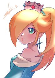 Rule 34 | 1girl, blonde hair, blue dress, blue eyes, crown, dress, earrings, hair over one eye, highres, jewelry, long hair, looking at viewer, mario (series), nintendo, nonoworks, off-shoulder dress, off shoulder, parted lips, ponytail, rosalina, signature, single earring, solo, star (symbol), star earrings, super mario galaxy, white background