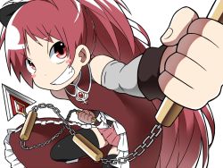 Rule 34 | 10s, 1girl, aged down, blush stickers, chain, child, detached sleeves, fang, foreshortening, gogiga gagagigo, grin, hair ribbon, magical girl, mahou shoujo madoka magica, mahou shoujo madoka magica (anime), polearm, ponytail, red eyes, red hair, ribbon, sakura kyoko, skirt, smile, solo, soul gem, spear, thighhighs, transparent background, weapon