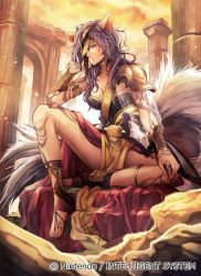 Rule 34 | 1girl, animal ears, arm guards, armlet, armor, company connection, copyright name, eyepatch, fire emblem, fire emblem: radiant dawn, fire emblem cipher, long hair, looking at viewer, nagahama megumi, nailah (fire emblem), nintendo, official art, outdoors, purple hair, sandals, shoulder armor, sitting, smile, solo, sunset, tail, tattoo, toeless legwear, wolf ears, wolf tail