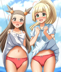 Rule 34 | 2girls, absurdres, arms behind back, blonde hair, blue ribbon, blue sailor collar, blue sky, blurry, blurry background, blush, bow, bow panties, brown eyes, brown hair, clenched hands, clothes lift, cloud, cloudy sky, commentary request, commission, creatures (company), crotch seam, day, dress, fishing hook, fishing line, frown, game freak, green eyes, hair ornament, highres, horizon, jasmine (pokemon), lifting another&#039;s clothes, lillie (pokemon), long hair, looking at viewer, miniskirt, multiple girls, navel, neck ribbon, nintendo, open mouth, outdoors, panties, pantyshot, pleated skirt, pokemon, pokemon gsc, pokemon sm, ponytail, red panties, ribbon, sailor collar, shirt, short dress, skeb commission, skirt, skirt lift, sky, sleeveless, sleeveless dress, standing, sundress, sweatdrop, trembling, two side up, underwear, white dress, white shirt, white skirt, zanntetu