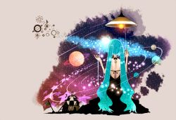 Rule 34 | 1girl, american flag, aqua hair, back, backless dress, backless outfit, bad id, bad pixiv id, bullfalk, dress, from behind, galaxy, hatsune miku, long hair, milky way, nasamuto, planet, solo, star (sky), star (symbol), twintails, very long hair, vocaloid