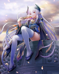 Rule 34 | 1girl, bell, fate/grand order, fate (series), folding fan, hand fan, horns, japanese clothes, kiyohime (fate), kiyohime (third ascension) (fate), light purple hair, long hair, looking at viewer, plastic moon, red eyes, sandals, sitting, solo, thighhighs, very long hair