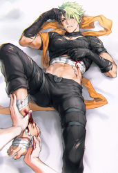 Rule 34 | 1boy, achilles (fate), applying bandages, bad id, bad pixiv id, barefoot, blood, blood on chest, blood on feet, changye, clothes lift, duplicate, fate/grand order, fate (series), green hair, holding, holding clothes, holding footwear, injury, male focus, midriff, no armor, orange scarf, pixel-perfect duplicate, pov, scarf, shirt lift, solo, torn clothes, yellow eyes