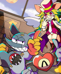 Rule 34 | 1girl, 2boys, animal ears, blush stickers, breasts, gloves, green hair, hat, heart (mad rat dead), hole on body, leotard, mad rat, mad rat dead, mouse (animal), mouse ears, mouse girl, mouse tail, multiple boys, nippon ichi, rat god, red eyes, tail, tie clip, top hat, wings, wrist cuffs