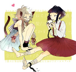 Rule 34 | 2girls, animal ears, ankle cuffs, aono nachi, arm tattoo, bandaged foot, bandaged leg, bandages, barefoot, black hair, black nails, blue dress, blunt bangs, braid, brown hair, buttons, cat ears, cat girl, cat tail, chain, commentary request, cuffs, dress, eating, food, food on face, freckles, full body, glasses, heart, heterochromia, horns, key, knees up, long hair, long sleeves, mouth hold, multiple girls, nail polish, number tattoo, onigiri, open mouth, original, pointy ears, red skirt, ribbon, shirt, short hair, sitting, skirt, small horns, suspender skirt, suspenders, tail, tail raised, tattoo, text background, toenail polish, toenails, twin braids, white shirt, yellow eyes