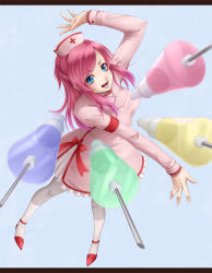 Rule 34 | bad id, bad pixiv id, blue eyes, long hair, mochi.f, nurse, original, pantyhose, pink hair, solo, syringe, white pantyhose