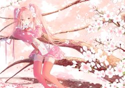 Rule 34 | 1girl, absurdres, bare shoulders, boots, branch, cherry blossom print, cherry blossoms, commentary, crossed arms, detached sleeves, floral print, flower, flower to mouth, frilled sleeves, frills, hair flower, hair ornament, hatsune miku, highres, long hair, looking at viewer, miniskirt, necktie, petals, pink eyes, pink hair, pink necktie, pink skirt, pink sleeves, pink thighhighs, reflection, ripples, sakura miku, shirt, sitting, sitting on branch, skirt, sleeveless, sleeveless shirt, solo, stuko, symbol-only commentary, thigh boots, thighhighs, tree, twintails, very long hair, vocaloid, water, white shirt, wide shot, zettai ryouiki