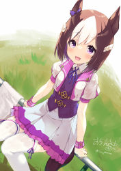 Rule 34 | 1girl, :d, absurdres, animal ears, blue ribbon, blush, bow, braid, brown hair, collared shirt, commentary request, cropped jacket, ear bow, frilled skirt, frills, hair between eyes, highres, horse ears, horse girl, horse tail, jacket, knees together feet apart, looking at viewer, multicolored hair, neck ribbon, ochinsama, open clothes, open jacket, open mouth, pleated skirt, puffy short sleeves, puffy sleeves, purple bow, purple eyes, purple vest, ribbon, shirt, short sleeves, signature, skirt, smile, solo, special week (umamusume), sweat, tail, thighhighs, twitter username, two-tone hair, umamusume, vest, white hair, white jacket, white shirt, white skirt, white thighhighs, wrist cuffs