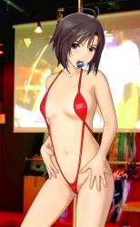 Rule 34 | 1girl, ahoge, blush, brown eyes, brown hair, condom, condom in mouth, hands on own hips, idolmaster, idolmaster (classic), kikuchi makoto, mouth hold, navel, one-piece swimsuit, pole, red one-piece swimsuit, short hair, slingshot swimsuit, solo, stripper pole, swimsuit