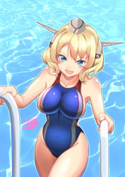 Rule 34 | 1girl, :d, artist name, blonde hair, blue eyes, blue one-piece swimsuit, blush, breasts, collarbone, colorado (kancolle), competition swimsuit, covered erect nipples, cowboy shot, dated, garrison cap, grey hat, hat, headgear, kantai collection, large breasts, moke ro, one-hour drawing challenge, one-piece swimsuit, open mouth, pool, short hair, signature, smile, solo, swimsuit, water