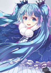 Rule 34 | 1girl, blue bow, blue eyes, blue hair, bow, constellation, dress, fuyu no yoru miku, hair between eyes, hair bow, hatsune miku, highres, long hair, matching hair/eyes, mhong, open mouth, solo, twintails, vocaloid