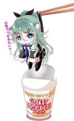 Rule 34 | 10s, 1girl, 3:, aka kitsune, animal ears, animal hands, black thighhighs, blush stickers, chibi, chopsticks, detached sleeves, dog ears, dog tail, green eyes, green hair, hair ornament, hair ribbon, hairclip, kantai collection, kemonomimi mode, long hair, looking at viewer, nissin cup noodle, pleated skirt, ribbon, school uniform, serafuku, simple background, skirt, solo, tail, tears, thighhighs, translated, white background, yamakaze (kancolle), zettai ryouiki