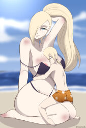 Rule 34 | 1boy, 1girl, age difference, bikini, blonde hair, boruto: naruto next generations, breasts, hair over one eye, highres, impure doncelle, incest, large breasts, long hair, mother and son, naruto (series), nipple slip, nipples, non-web source, one eye covered, outdoors, ponytail, smile, swimsuit, yamanaka ino, yamanaka inojin