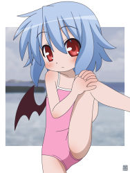 Rule 34 | 1girl, bat wings, blue hair, blush, child, cloud, collarbone, hatomugisan, looking at viewer, ocean, one-piece swimsuit, pink one-piece swimsuit, red eyes, remilia scarlet, short hair, sky, standing, standing on one leg, swimsuit, touhou, water, wings