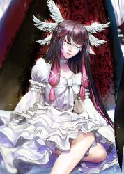 Rule 34 | 1girl, absurdres, bow, choker, closed eyes, columbina (genshin impact), dress, eye mask, frilled dress, frills, genshin impact, gentiloignon, head wings, highres, multicolored hair, solo, streaked hair, two-tone hair, white bow, white choker, white dress, white mask, wing hair ornament, wings