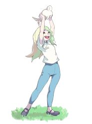 Rule 34 | 1girl, :d, animal, blonde hair, blue pants, rabbit, commentary, diana cavendish, english commentary, full body, green hair, grey footwear, arms up, hands up, holding, holding animal, little witch academia, multicolored hair, open mouth, pants, shirt, shoes, short sleeves, simple background, smile, solo, two-tone hair, vins-mousseux, white background, white shirt