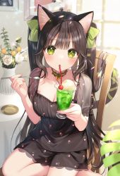 Rule 34 | 1girl, animal ears, bell, black hair, blunt bangs, blush, bow, breasts, camisole, cat ears, cat girl, cat tail, choker, cleavage, collarbone, commentary request, drinking, drinking straw, floral print, food, green bow, green eyes, green ribbon, hair bow, highres, ice cream, jingle bell, lace, lace choker, long hair, looking at viewer, low neckline, medium breasts, mole, mole under mouth, momoshiki tsubaki, on chair, original, ribbon, see-through, shaved ice, sidelocks, sitting, skirt, slit pupils, solo, tail, tail ornament, tail ribbon, thighs, twintails, very long hair