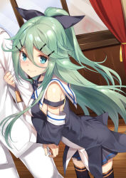 Rule 34 | 10s, 1boy, 1girl, 3:, admiral (kancolle), arched back, arm hug, black bow, black skirt, blue eyes, blush, bow, closed mouth, detached sleeves, green hair, hair between eyes, hair bow, hair flaps, hair ornament, hairclip, kantai collection, long hair, looking at viewer, out of frame, pleated skirt, ponytail, sailor collar, sidelocks, skirt, solo focus, thighhighs, yamakaze (kancolle), yappen