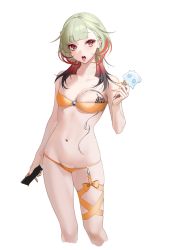Rule 34 | 1girl, areola slip, azur lane, bad id, bad twitter id, bare arms, bare shoulders, bikini, blunt bangs, breasts, check copyright, cleavage, collarbone, copyright request, cowboy shot, cropped legs, earrings, food, green hair, highres, holding, holding phone, ice cream, jewelry, looking at viewer, medium breasts, multicolored hair, nail art, nail polish, navel, ohisashiburi, open mouth, orange nails, original, phone, red eyes, saliva, simple background, skindentation, solo, standing, stomach, strapless, strapless bikini, swimsuit, tattoo, tongue, tongue out, white background