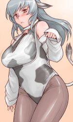 Rule 34 | 00s, 1girl, animal ears, animal print, bell, neck bell, blush, breasts, collar, cow ears, cow print, cow tail, detached sleeves, large breasts, necktie, aged up, pantyhose, rozen maiden, silver hair, solo, suigintou, tail, tsuda nanafushi