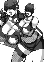 Rule 34 | 1girl, breasts, censored, censored nipples, cleavage, highres, large breasts, monochrome, multiple views, no bra, papepox2, shermie (kof), simple background, solo, the king of fighters, underboob, white background