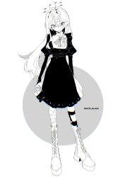 Rule 34 | 1girl, :/, antenna hair, arms at sides, bandaged leg, bandages, black halo, boots, chromatic aberration, circle, closed mouth, collar, cross-laced footwear, dark halo, dress, english text, floating hair, floating headgear, frilled collar, frills, full body, gekiyaku, greyscale, hair between eyes, halftone, halo, headgear, highres, juliet sleeves, knee boots, knee brace, long hair, long sleeves, looking at viewer, medakataberu, monochrome, neck ribbon, platform boots, platform footwear, puffy sleeves, ribbon, short dress, short eyebrows, solo, song name, standing, thick eyebrows, utau