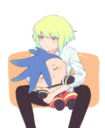 Rule 34 | 1boy, = =, androgynous, artist name, black pants, blush, character doll, collared shirt, commentary request, doll, expressionless, firefighter, galo thymos, green hair, highres, holding, holding doll, kome 1022, lio fotia, long sleeves, looking to the side, male focus, mohawk, multicolored eyes, orange eyes, pants, pink eyes, promare, shirt, short hair, sidelocks, simple background, sitting, smile, white background, white shirt