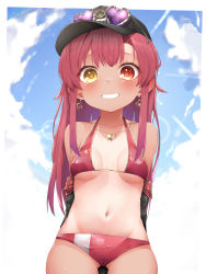 Rule 34 | 1girl, absurdres, aged down, bikini, blush, breasts, hair ribbon, hat, heterochromia, highres, hololive, houshou marine, houshou marine (summer), large breasts, long hair, looking at viewer, navel, one-piece tan, open mouth, pepushi drow, red eyes, red hair, ribbon, smile, solo, swimsuit, tan, tanline, virtual youtuber, yellow eyes