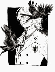 Rule 34 | 1boy, akechi gorou, bird, closed mouth, collared shirt, commentary request, crow, expressionless, greyscale, highres, kaisen (kaisen inari), long sleeves, looking at viewer, male focus, monochrome, necktie, persona, persona 5, shirt, short hair, solo, upper body