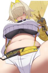 Rule 34 | 1girl, belt, black belt, black sports bra, blonde hair, blush, breasts, commentary, crop top, crop top overhang, elegg (nikke), exposed pocket, fang, from below, gloves, goddess of victory: nikke, grey gloves, hair over eyes, hand up, highres, large breasts, long sleeves, looking at viewer, looking down, medium hair, multicolored hair, navel, open mouth, plump, purple eyes, short shorts, shorts, simple background, smile, sports bra, spread legs, stomach, suspenders, thick thighs, thighs, two-tone gloves, two-tone hair, v, wabimochi, white background, white shorts, yellow gloves, zoom layer