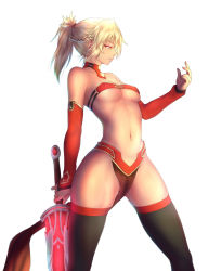 Rule 34 | 1girl, black thighhighs, blonde hair, braid, breasts, choker, clarent (fate), detached sleeves, fate/apocrypha, fate/grand order, fate (series), french braid, green eyes, loincloth, midriff, mordred (fate), mordred (fate/apocrypha), navel, nikuku (kazedesune), no panties, no pants, partially visible vulva, pelvic curtain, ponytail, short hair, short ponytail, small breasts, solo, sword, thighhighs, underboob, weapon