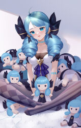 Rule 34 | 1girl, :d, absurdres, ahoge, argyle, argyle clothes, argyle legwear, asymmetrical legwear, bingchuan xian yu huang, blue choker, blue hair, blue nails, blush, breasts, character doll, choker, cleavage, doll, dress, drill hair, gwen (league of legends), hair ribbon, highres, holding, holding doll, league of legends, looking at viewer, medium breasts, mismatched legwear, no shoes, open mouth, pantyhose, parted lips, ponytail, ribbon, smile, solo, striped clothes, striped pantyhose, twin drills, vertical-striped clothes, vertical-striped pantyhose, white dress