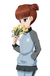 Rule 34 | 1girl, bad id, bad twitter id, blue pants, blunt bangs, closed mouth, commentary, cowboy shot, flower, girls und panzer, hair tie, hand in pocket, highres, holding, holding flower, keizoku military uniform, light frown, mikko (girls und panzer), pants, pants under skirt, red eyes, red hair, sad, short hair, short twintails, simple background, solo, standing, tanutika, tears, track pants, tulip, twintails, white background, yellow flower
